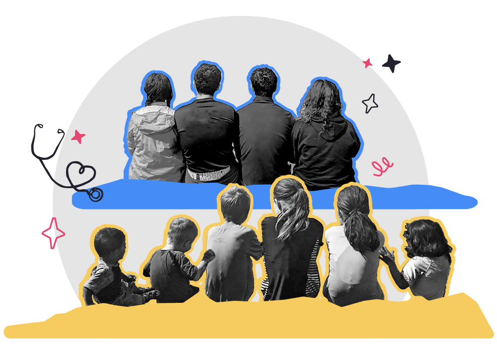 Ten children sitting, facing away from the camera, artfully rendered